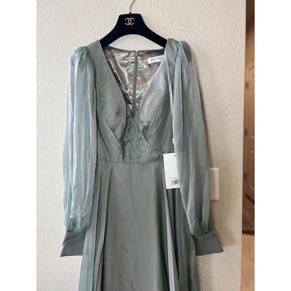 Mac Duggal Size 4 Sheer Blouson Sleeve Sage Green  Gown 67873 Dress Sold Out - Picture 4 of 14